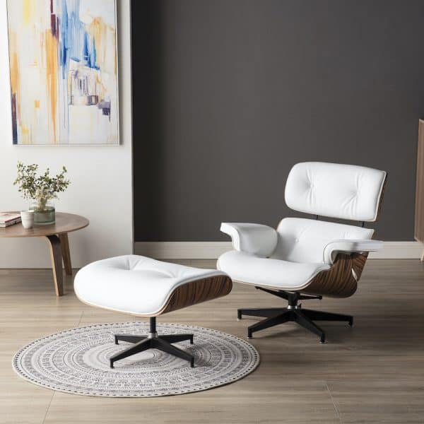 chaise lounge eames ottoman blanc cuir et palissandre replique copie