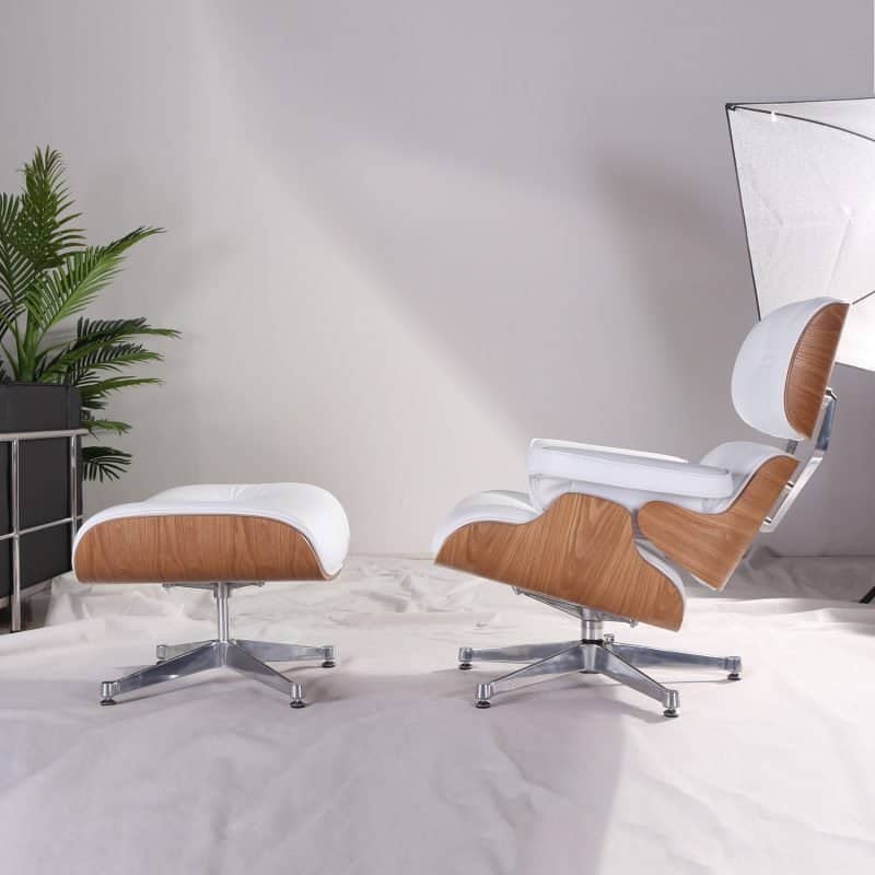Fauteuil Lounge Chair Et Ottoman En Cuir Blanc Et Bois Frêne Eames decor