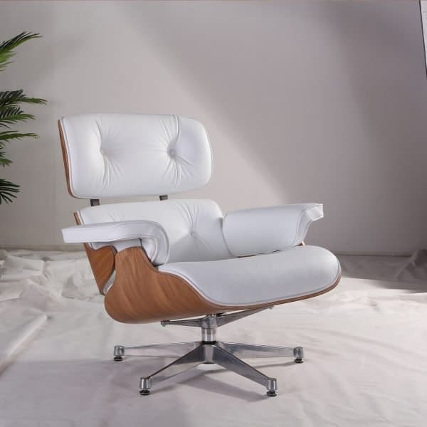 Fauteuil Lounge Chair Et Ottoman En Cuir Blanc Et Bois Frêne Eames face