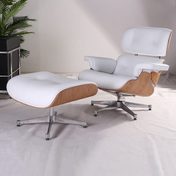 Fauteuil Lounge Chair Et Ottoman En Cuir Blanc Et Bois Frêne Eames face decor