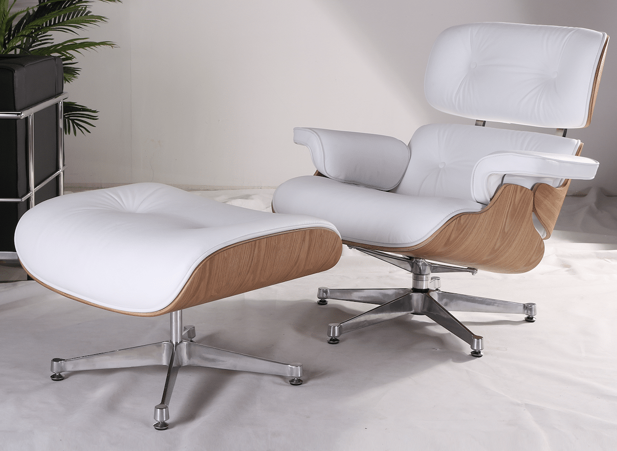 Fauteuil Lounge Chair Et Ottoman En Cuir Blanc Et Bois Frêne Eames replique copie original salon