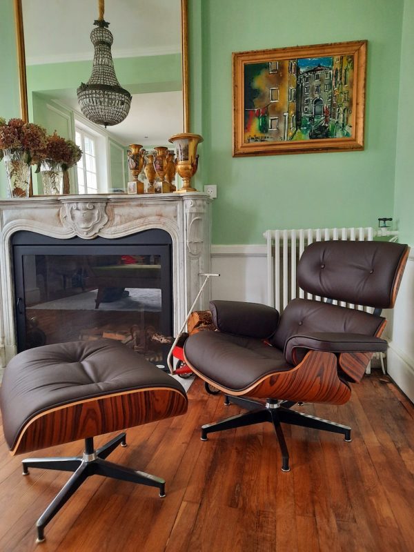 Fauteuil Lounge Chair et Ottoman en Cuir Italien Marron et Bois de Palissandre Stefano