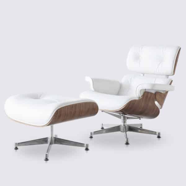 copie fauteuil lounge eams replica lounge chair eames et ottoman en cuir blanc et bois de noyer fauteuil salon pivotant design