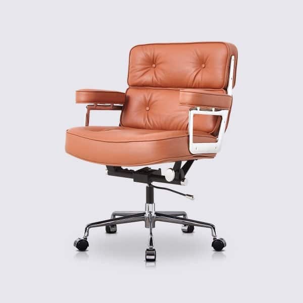 chaise de bureau en cuir cognac camel ergonomique confortable imitation eames lobby ES104 avec roulette