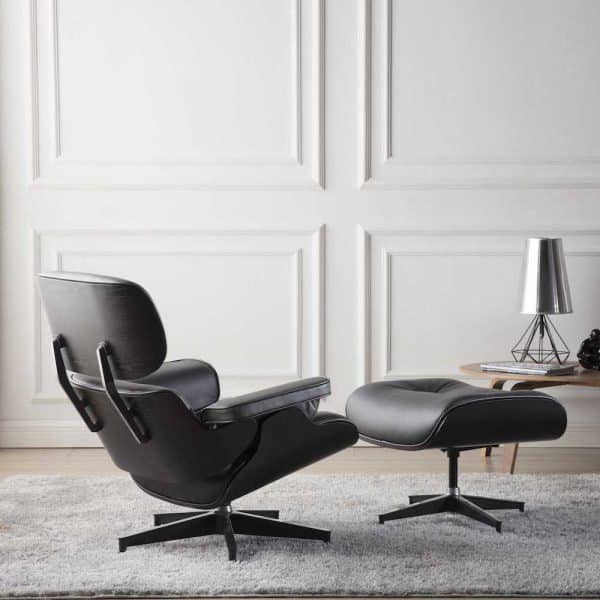 Fauteuil Ottoman Cuir Noir Italien Bois frêne Pivotant Design Eames Eams Salon réplique copie réédition base aluminium noir