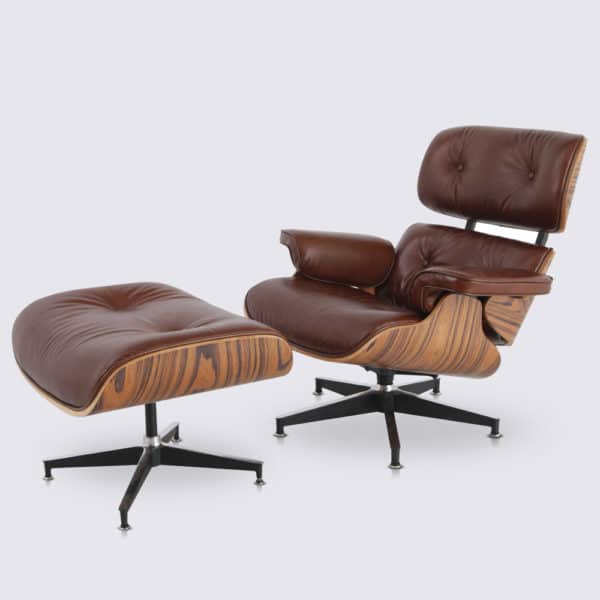 copie fauteuil charles eames avec ottoman cuir aniline marron vintage bois palissandre
