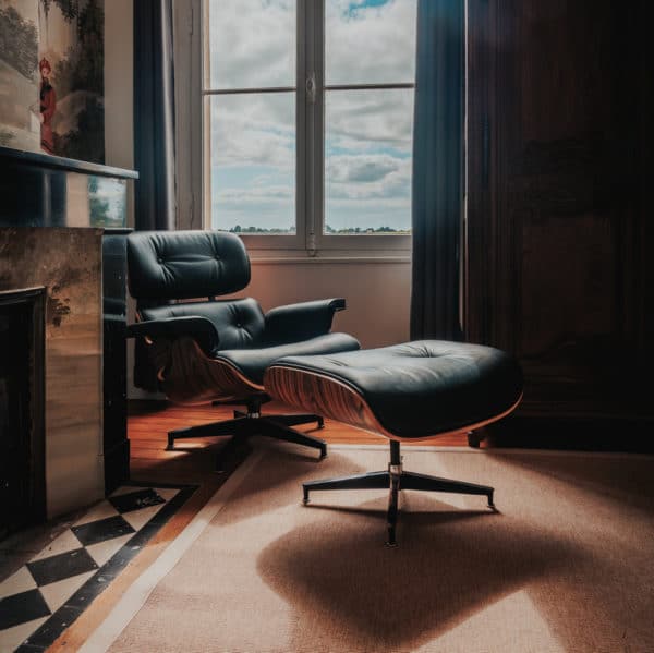 copie fauteuil lounge eames design scandinave pivotant replica lounge chair et ottoman eams en cuir aniline noir et bois de palissandre