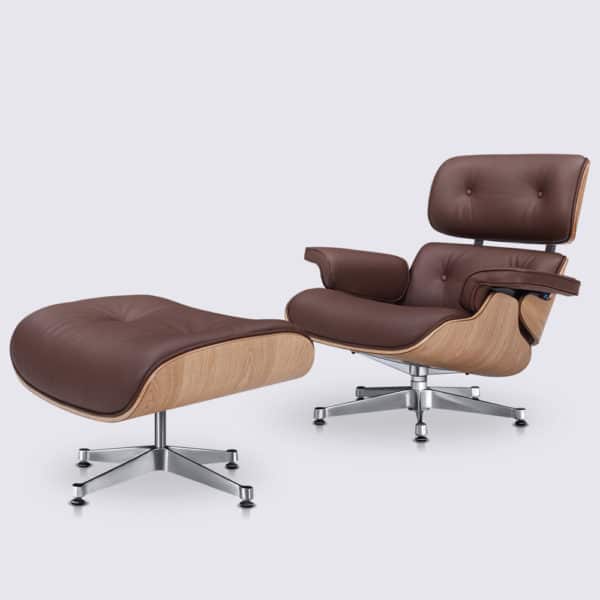charles eames fauteuil lounge chair et ottoman en cuir aniline marron foncé et bois de frêne replica copie eames