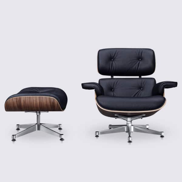 meilleure copie fauteuil lounge eams replica lounge chair et ottoman eames en cuir noir et bois de noyer base alu poli chromé fauteuil Charles Eames