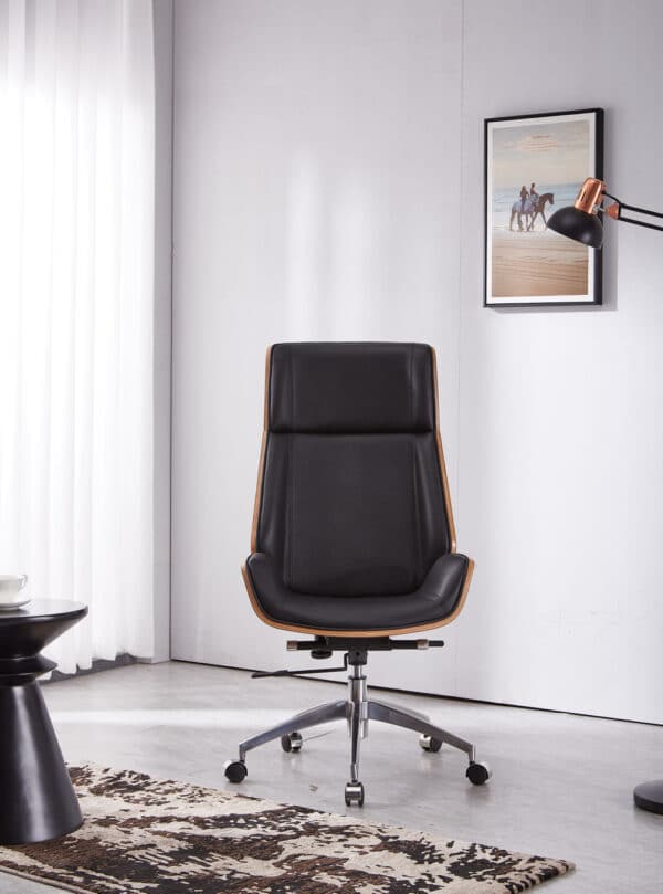 chaise de bureau eames en cuir noir nordic bois de noyer avec roulette salon scandinave