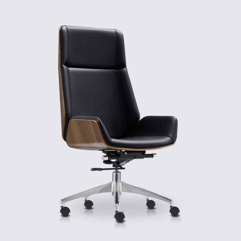 chaise de bureau design en cuir noir bois de noyer avec roulette dossier haut nordic