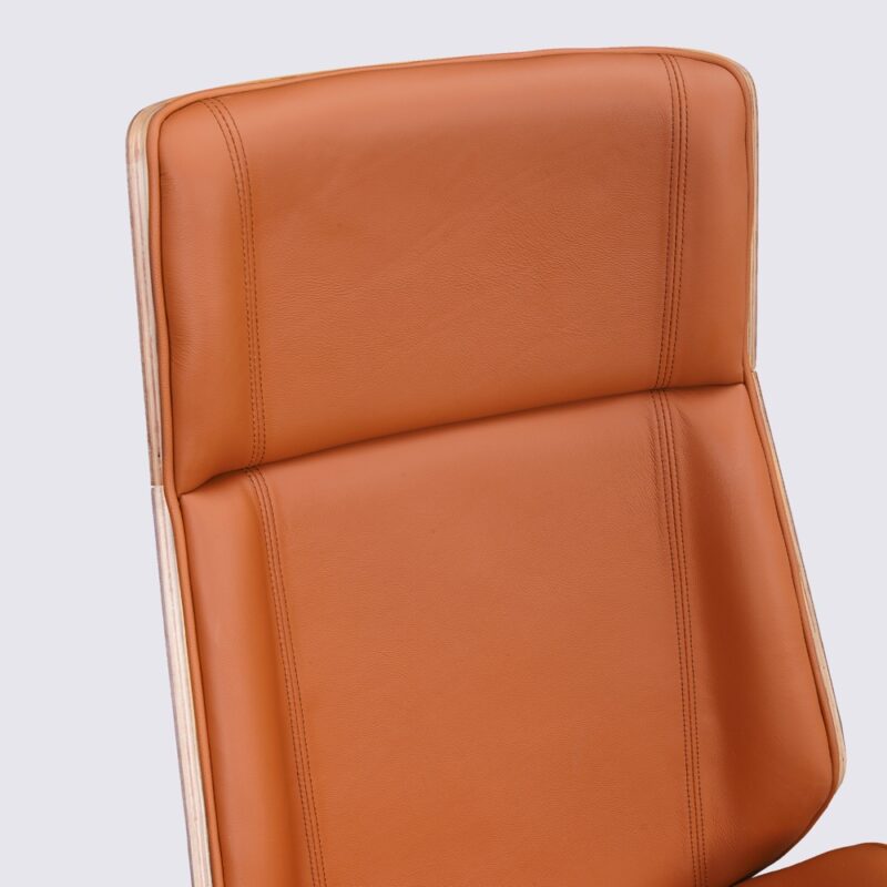 dossier haut chaise de bureau en cuir cognac nordic moderne bois de noyer roulette aluminium