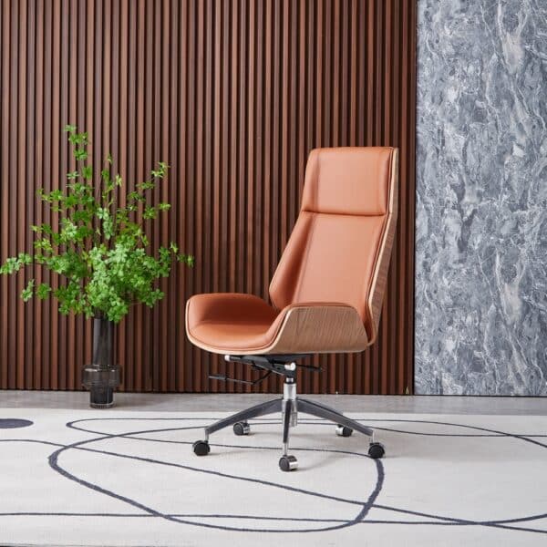 chaise de bureau en cuir cognac nordic bois de noyer roulette aluminium dossier haut moderne style eames office