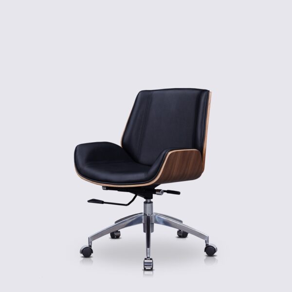 chaise de bureau scandinave nordic en cuir noir et bois de noyer style eames dossier bas