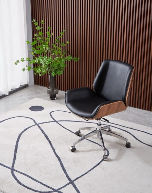 chaise de bureau scandinave nordic en cuir noir et bois de noyer style eames office