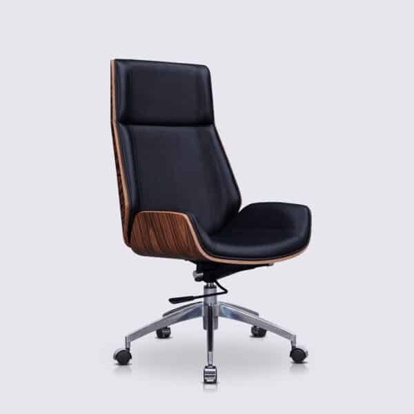 chaise de bureau moderne en cuir noir style charles eames bois de palissandre avec base aluminium dossier haut scandinave