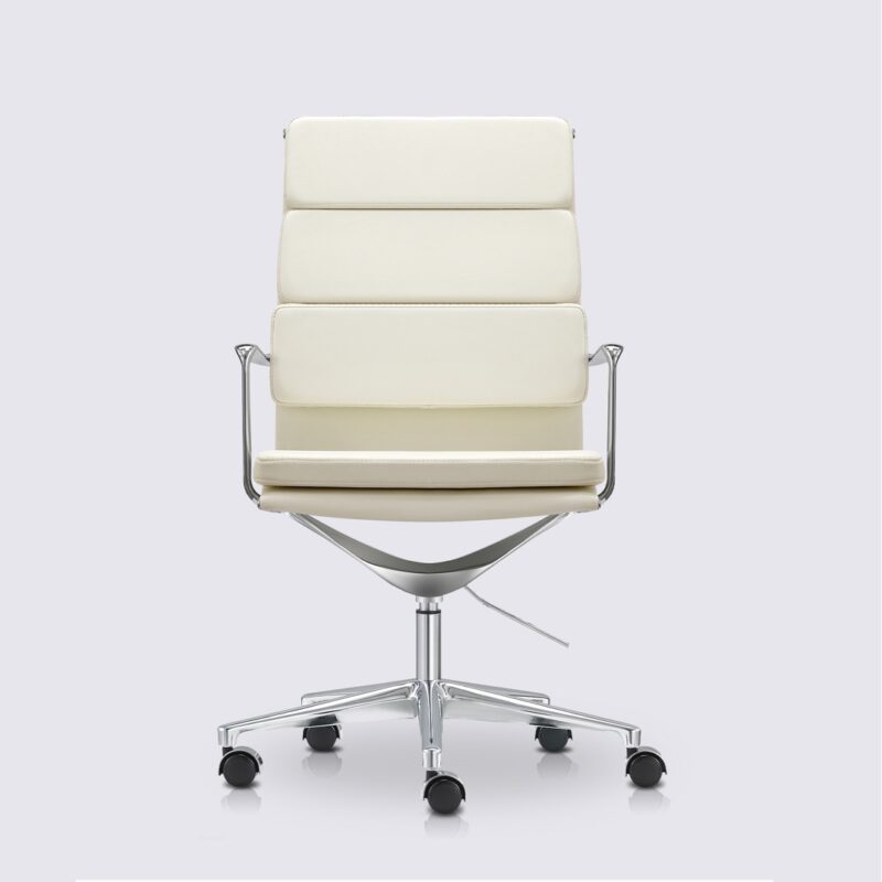 chaise de bureau scandinave dossier haut avec roulette et accoudoir en cuir blanc et aluminium chrome alberto premium