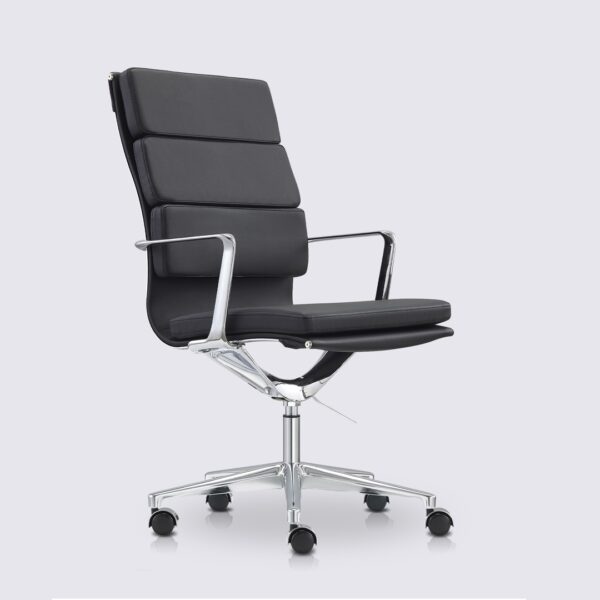 chaise de bureau design dossier haut avec roulette et accoudoir en cuir noir et aluminium chrome alberto premium