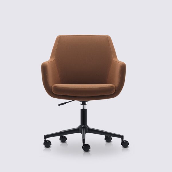 chaise de bureau scandinave emma avec roulette et accoudoir en tissu linen orange rouille et base noir matte