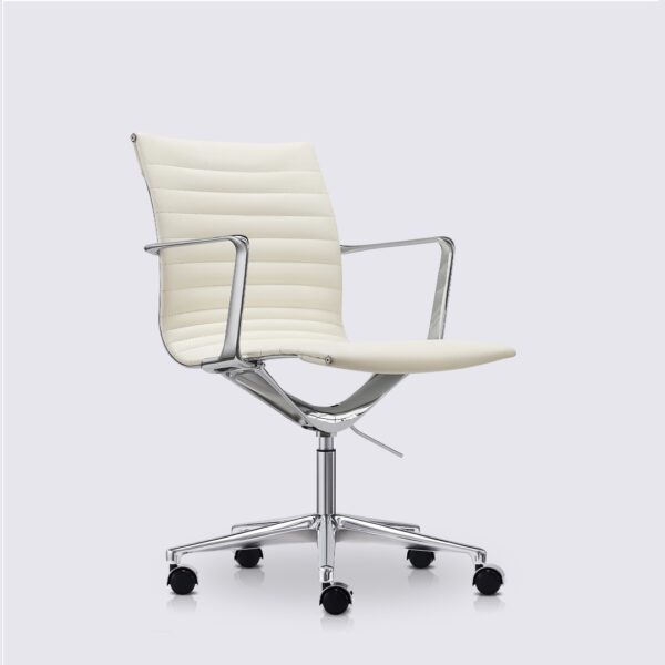 chaise de bureau haut de gamme avec roulette et accoudoir en cuir blanc et aluminium poli livio premium