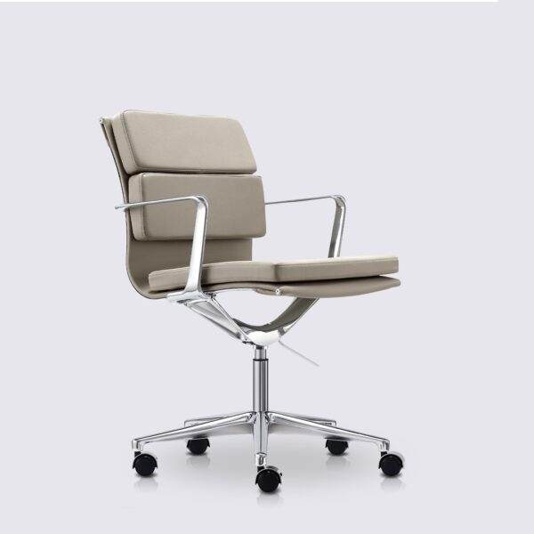 chaise de bureau design eams avec roulette et accoudoir en cuir gris et aluminium chrome alberto premium