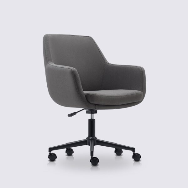 chaise de bureau scandinave emma avec roulette et accoudoir en tissu linen gris foncé et base noir matte