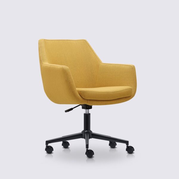 chaise de bureau scandinave emma avec roulette et accoudoir en tissu linen jaune moutarde et base noir matte